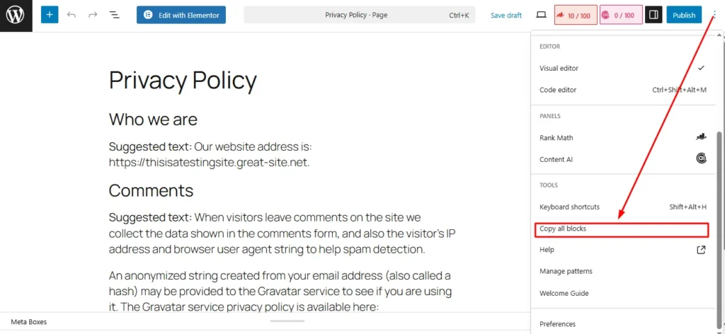 WordPress Block Editor also known as Gutenberg showing manual method to duplicate a page without a plugin