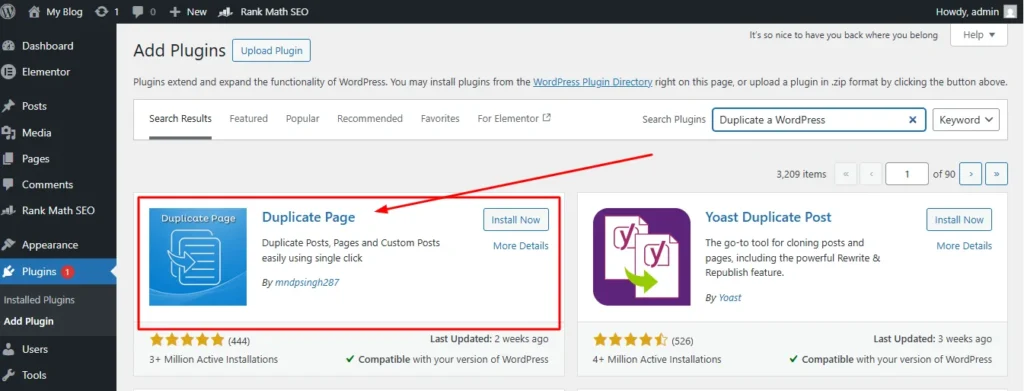 WordPress dashboard showing plugin method to duplicate a page in WordPress easily without coding