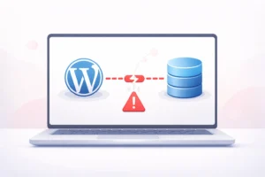 Illustration of a WordPress database connection error showing a broken link between website and database with warning icon