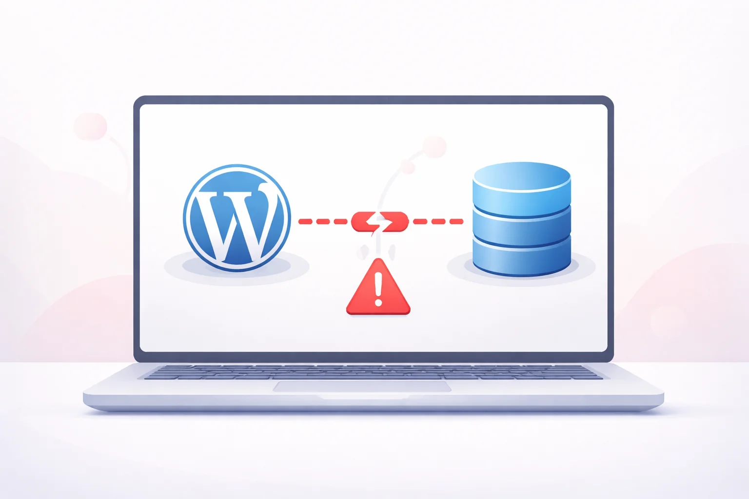 Illustration of a WordPress database connection error showing a broken link between website and database with warning icon