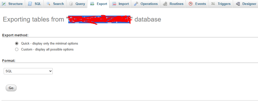 Exporting a WordPress database using phpMyAdmin in cPanel by selecting the database, choosing export, and downloading SQL file