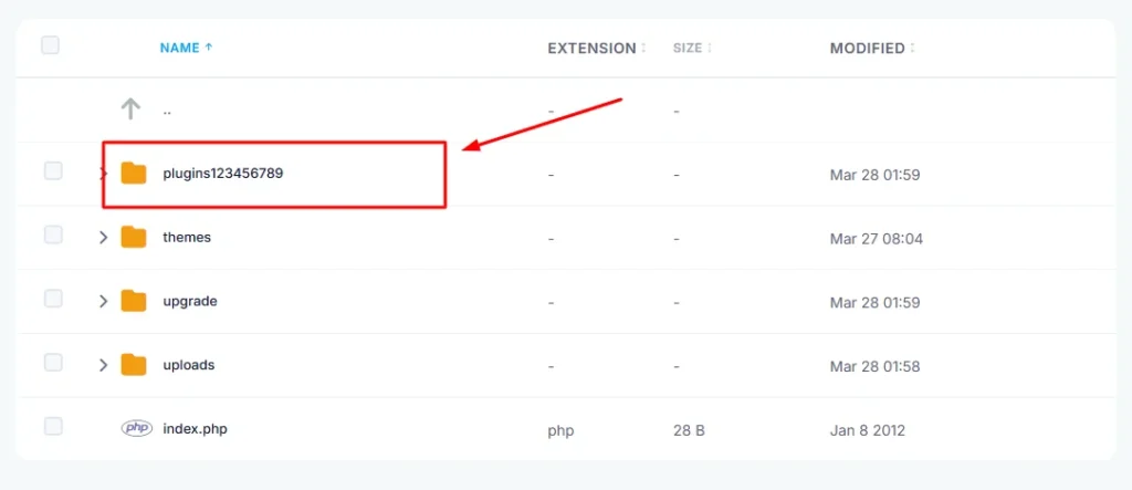 cPanel File Manager showing wp-content directory with plugins folder right-clicked and Rename option selected to rename it to plugins_disabled