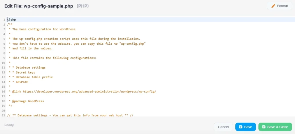 cPanel File Manager showing wp-config.php file in public_html folder with right-click Edit option visible