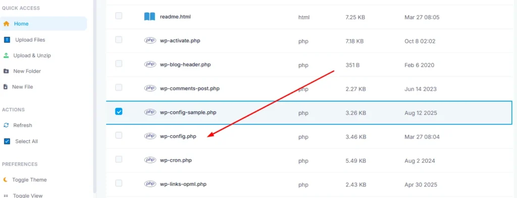 cPanel File Manager showing wp-config.php file selected with right-click context menu open and Edit option highlighted