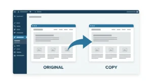 How to duplicate a page in WordPress showing two webpage cards with a clone arrow between them