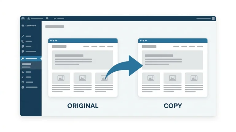 How to duplicate a page in WordPress showing two webpage cards with a clone arrow between them