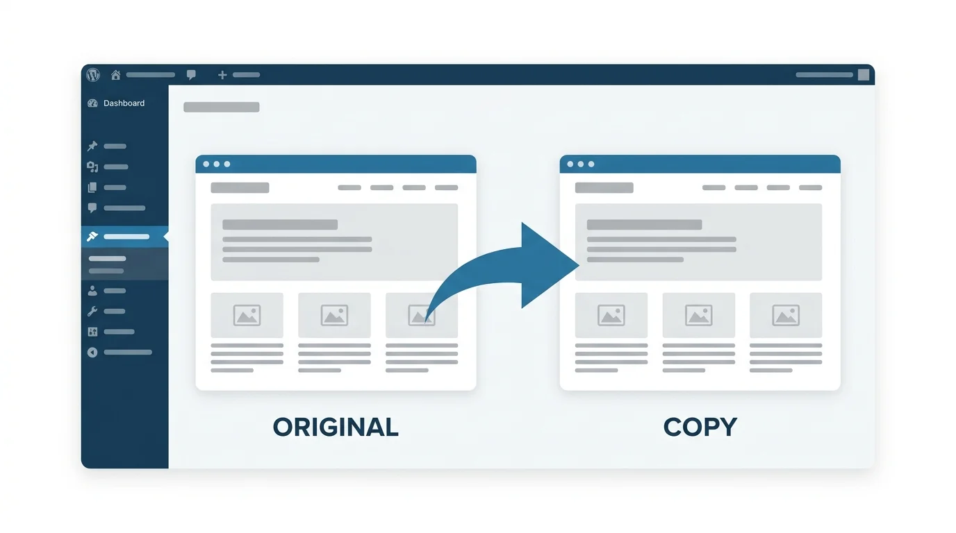 How to duplicate a page in WordPress showing two webpage cards with a clone arrow between them
