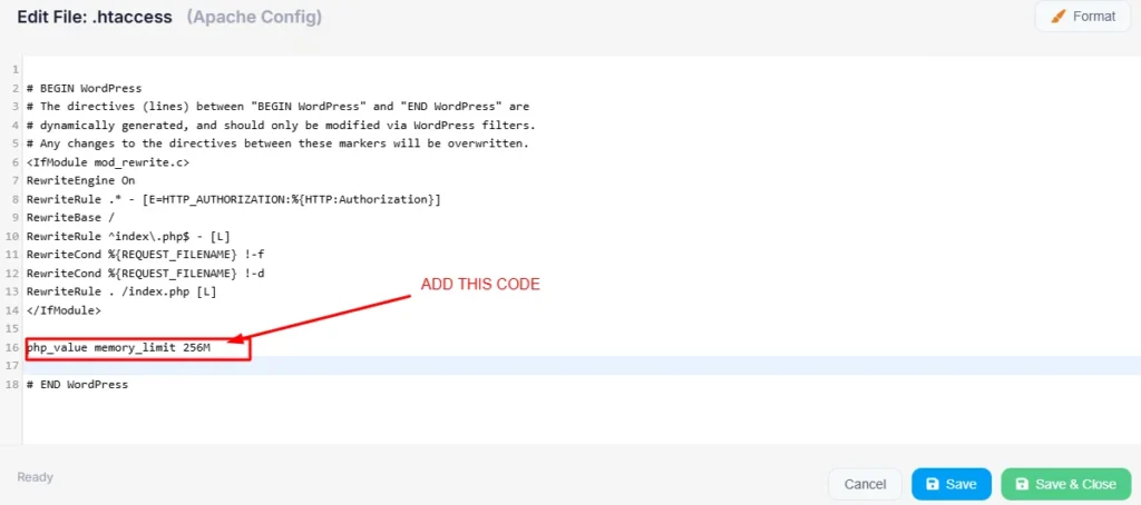 htaccess file open in cPanel code editor showing php_value memory_limit 256M line added to increase PHP memory limit