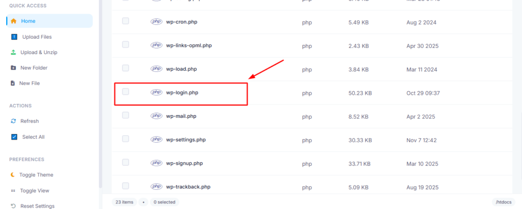 WordPress File Manager showing public_html folder contents with wp-login.php wp-config.php and wp-settings.php files visible