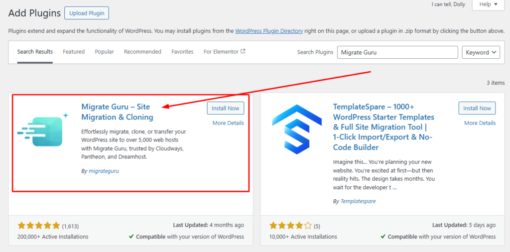 Migrate Guru plugin main interface inside WordPress admin dashboard showing migration options for large sites
