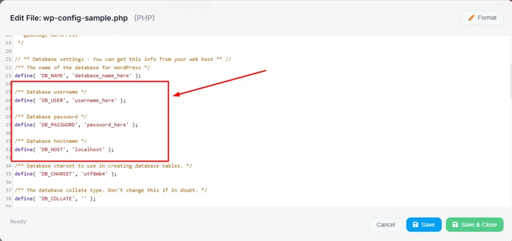 Editing wp-config.php file in WordPress via FTP to update database credentials after migration