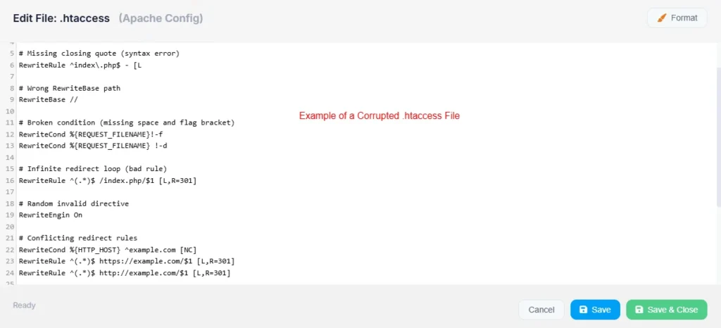 WordPress htaccess file open in cPanel code editor showing corrupted or invalid code highlighted that is causing a 500 internal server error