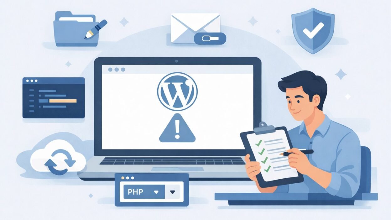 WordPress critical error on this website message displayed on a laptop screen with fix solution icons
