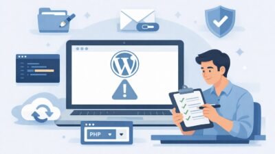 WordPress critical error on this website message displayed on a laptop screen with fix solution icons
