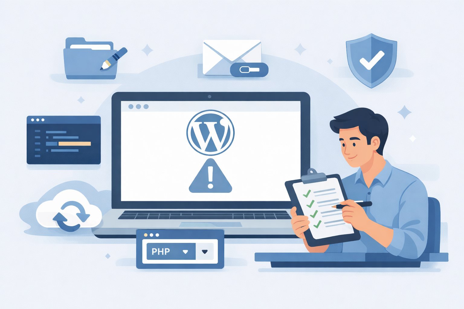 WordPress critical error on this website message displayed on a laptop screen with fix solution icons