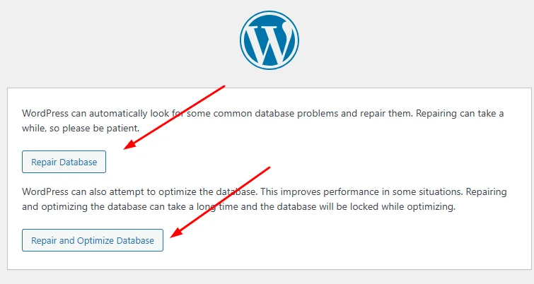 WordPress database repair page at wp-admin/maint/repair.php showing Repair Database and Repair and Optimize Database buttons
