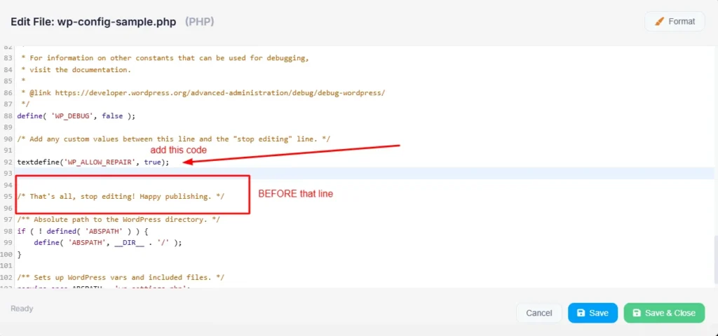 wp-config.php file open in code editor showing define WP_ALLOW_REPAIR true added directly above the stop editing comment line