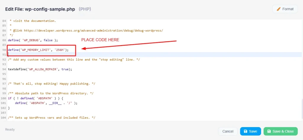 wp-config.php file open in code editor showing define WP_MEMORY_LIMIT 256M line added directly above the stop editing comment