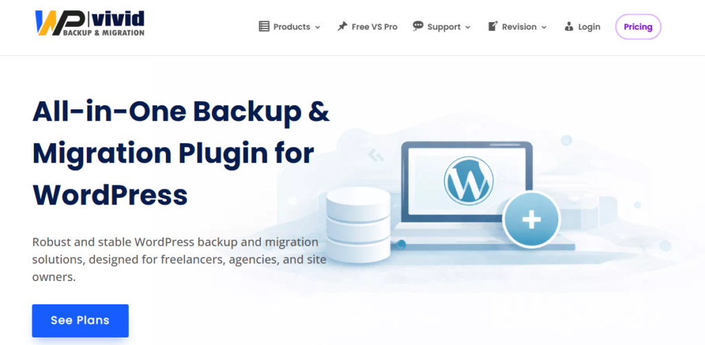 WP Vivid Backup plugin main dashboard inside WordPress admin showing backup and restore tabs and options
