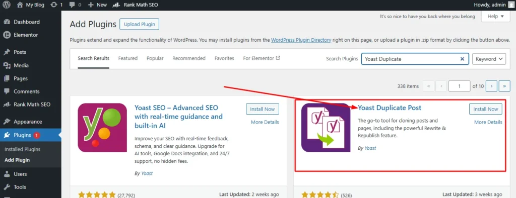 WordPress pages list showing Yoast Duplicate Post plugin activated with three options visible on hover