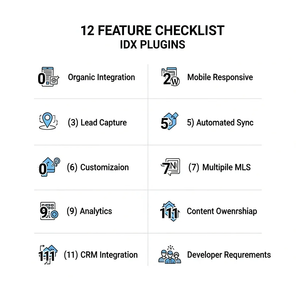 Checklist infographic showing 12 essential features to evaluate when choosing an IDX plugin for WordPress including organic integration, mobile responsiveness, lead capture, and CRM integration