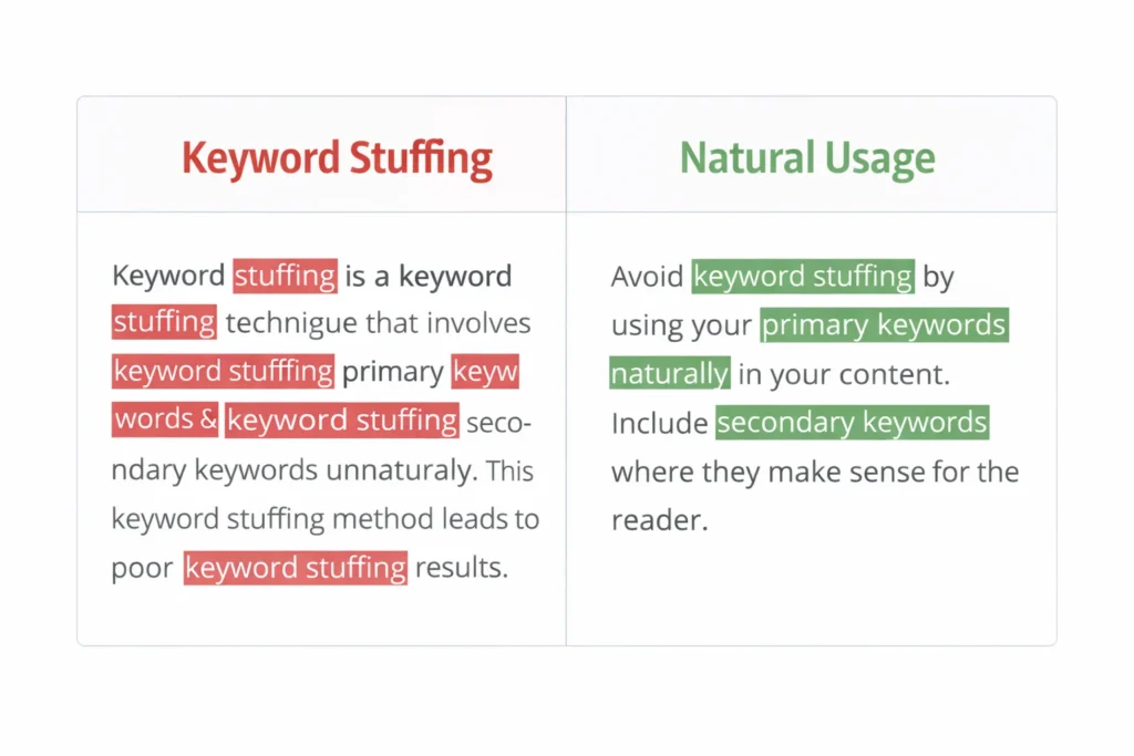 Side-by-side comparison showing keyword stuffing example versus natural keyword placement in content