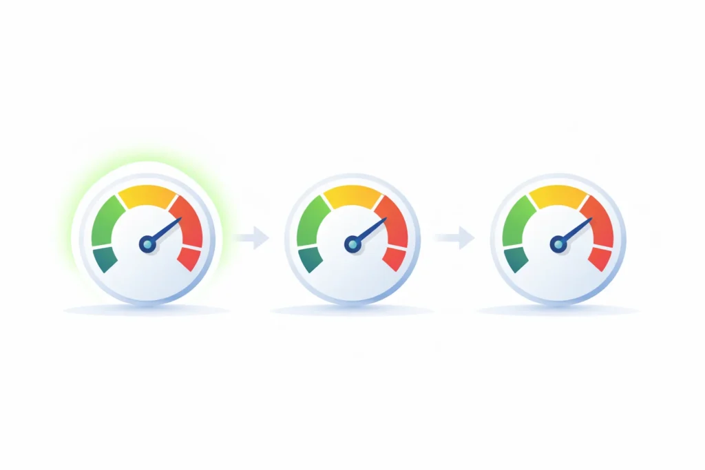 Three gauge dials representing Core Web Vitals metrics LCP FID and CLS with LCP highlighted as the most important ranking factor for page speed