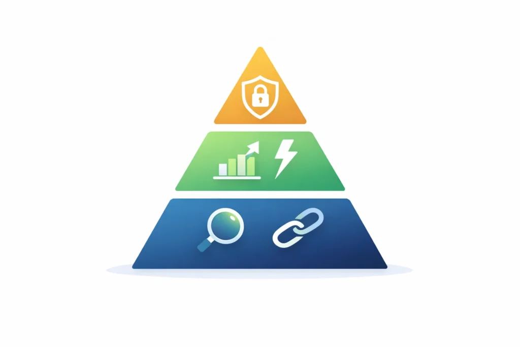 Three level pyramid diagram showing SEO ranking factors organized by priority with foundation factors at base growth factors in middle and advanced factors at top