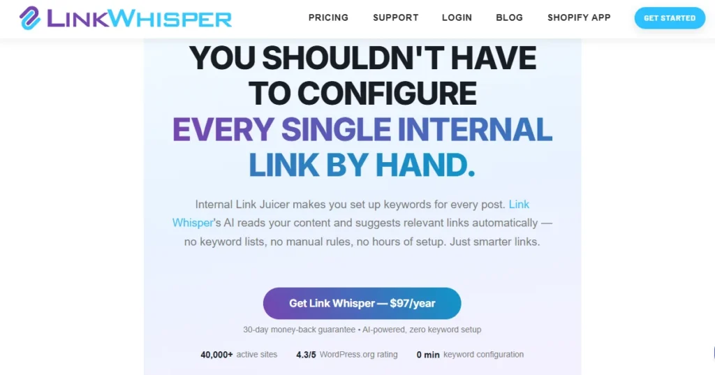 AI Internal Links WordPress plugin showing simple dashboard with AI-powered link suggestions using OpenAI integration