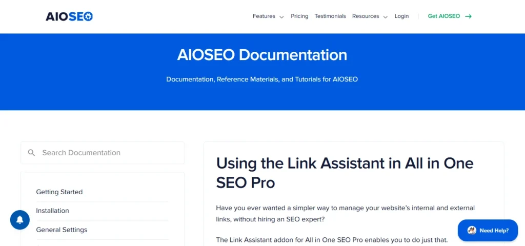 AIOSEO Link Assistant dashboard showing contextual internal link suggestions, anchor text variations, and link opportunity scoring in WordPress