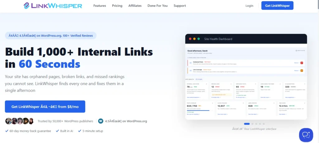 AIOSEO Link Assistant WordPress dashboard with contextual link suggestions and internal linking network visualization