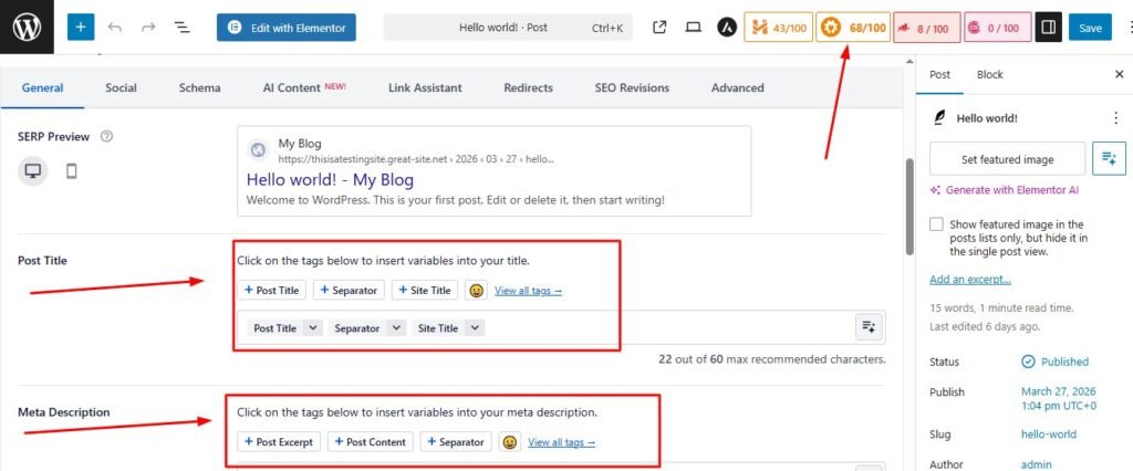 The AIOSEO settings panel in the WordPress editor showing the Snippet Preview, Meta Title, and Meta Description fields.