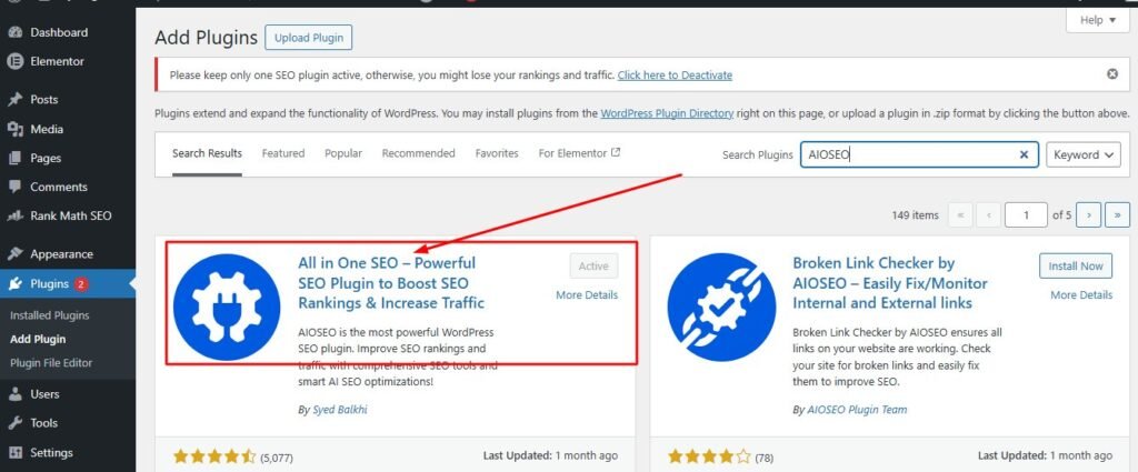 The All in One SEO plugin interface showing a focus keyword checklist with green checkmarks for title and meta description.