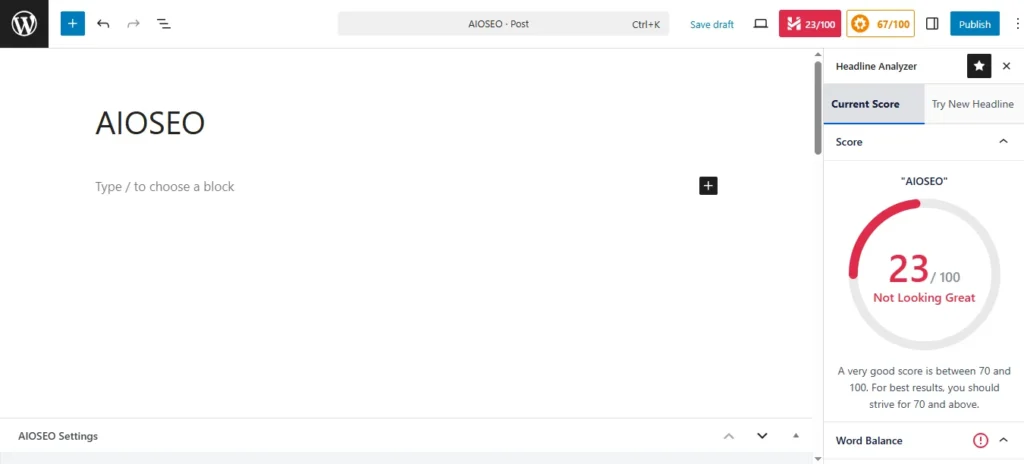 All in One SEO plugin meta box interface showing TruSEO numerical score out of 100, accordion-style expandable sections, focus keyword field, meta title and description editor with real-time Google search preview