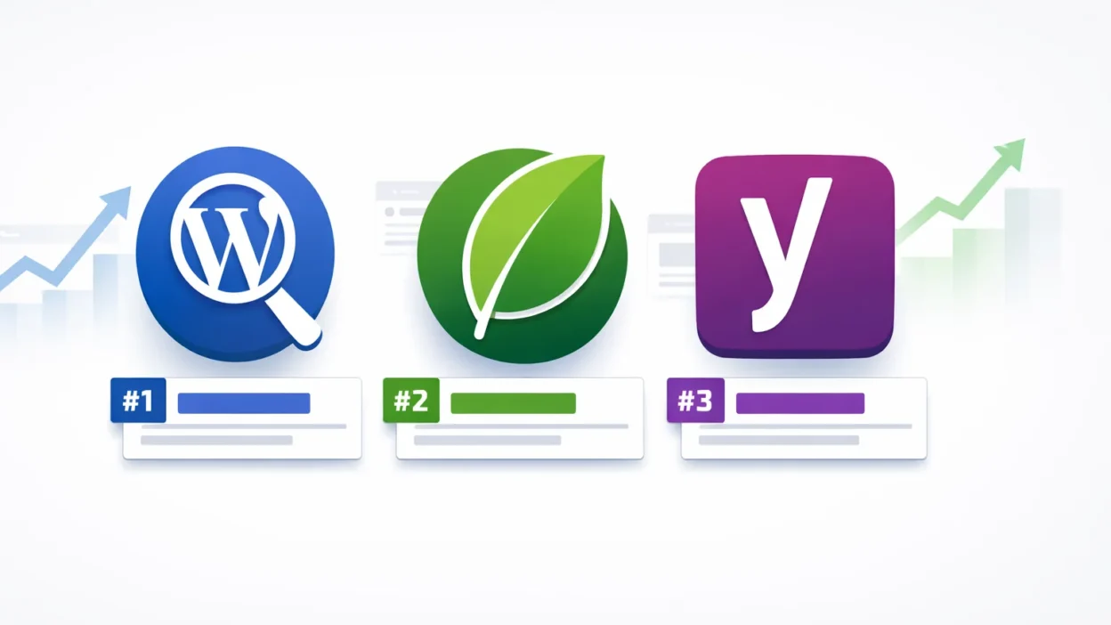 All in One SEO vs Yoast SEO vs Rank Math plugin comparison showing feature differences, pricing tiers, and ratings with checkmarks and icons on a clean professional background