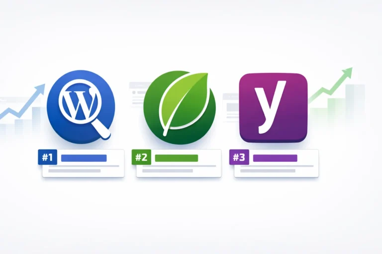 All in One SEO vs Yoast SEO vs Rank Math plugin comparison showing feature differences, pricing tiers, and ratings with checkmarks and icons on a clean professional background