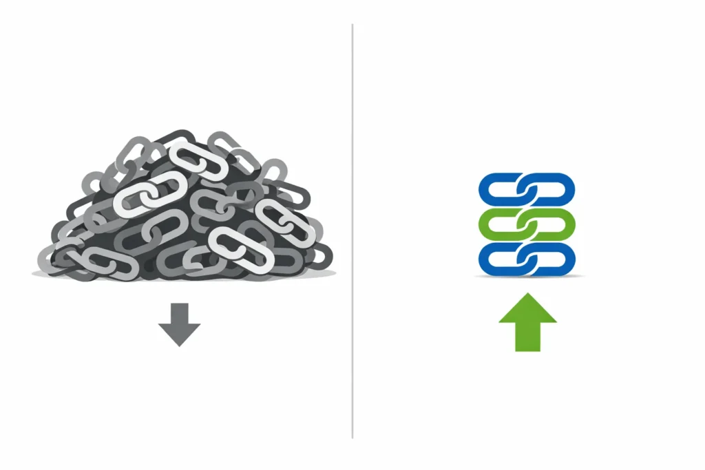 Split comparison illustration showing many low quality backlinks with low ranking impact on left versus few high quality relevant backlinks with high ranking impact on right