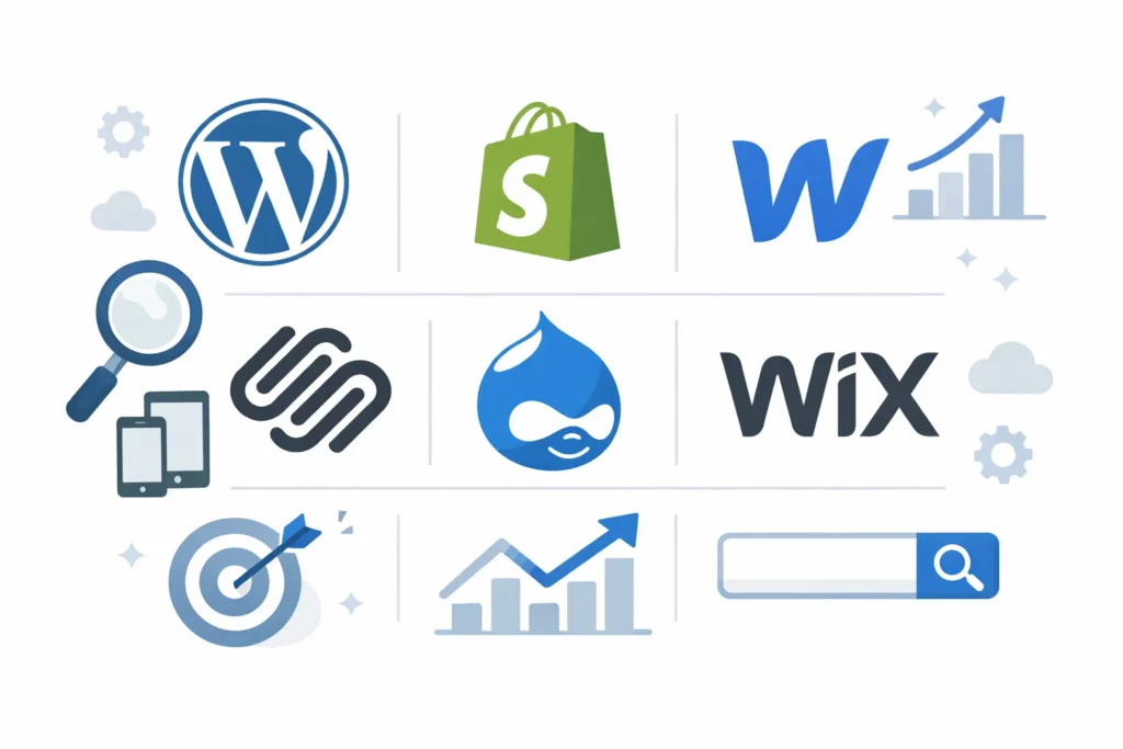 Popular CMS platforms including WordPress, Shopify, and Webflow with SEO optimization icons for best cms for seo comparison