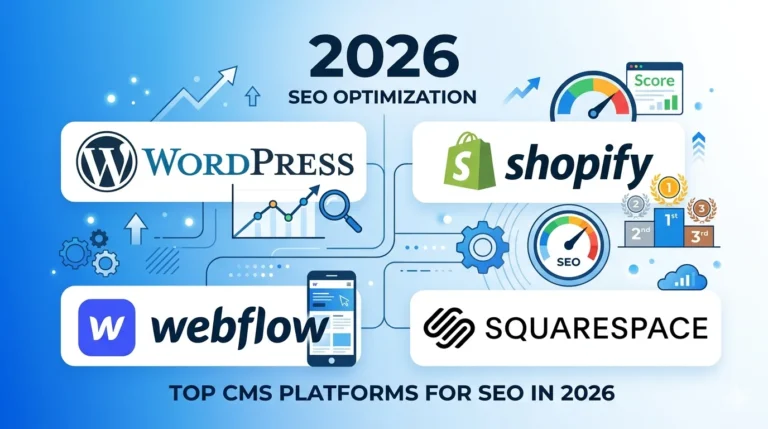 A professional hero banner for 2026 showing WordPress, Shopify, Webflow, and Squarespace logos in a modern grid with SEO graphs, a speed meter, and a mobile mockup on a blue gradient background.