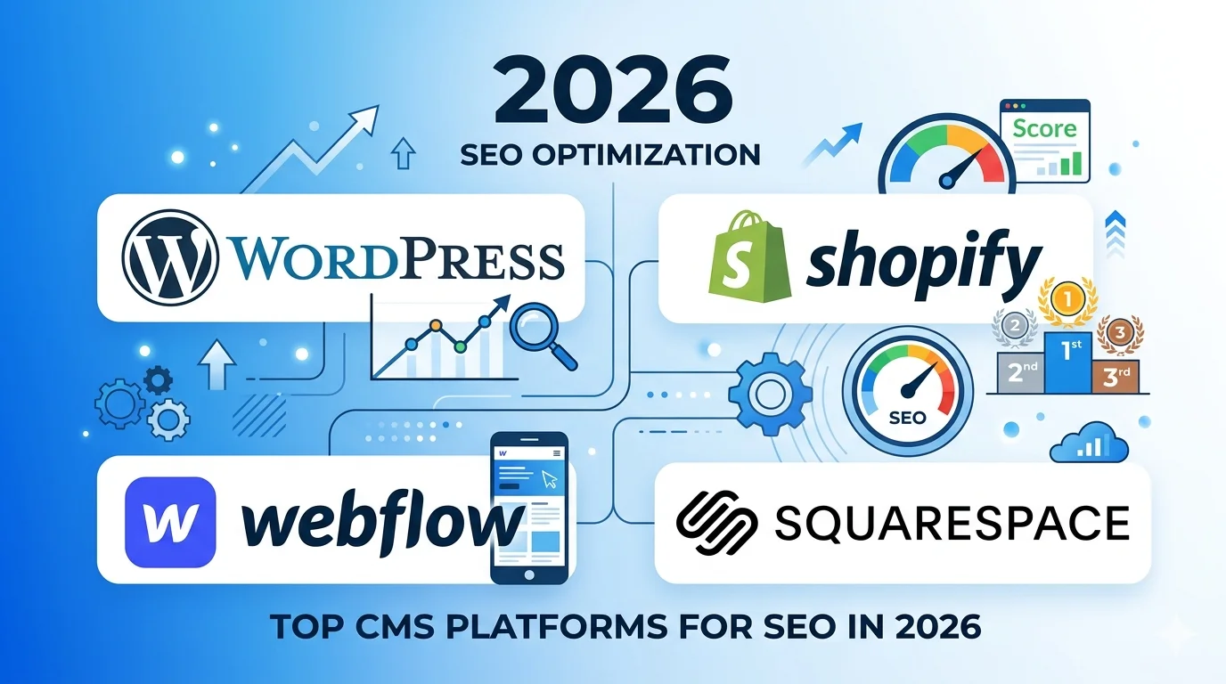 A professional hero banner for 2026 showing WordPress, Shopify, Webflow, and Squarespace logos in a modern grid with SEO graphs, a speed meter, and a mobile mockup on a blue gradient background.