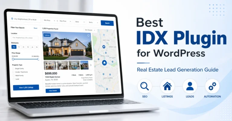 Professional laptop displaying real estate IDX plugin interface with property listings, search filters, and map integration for WordPress lead generation