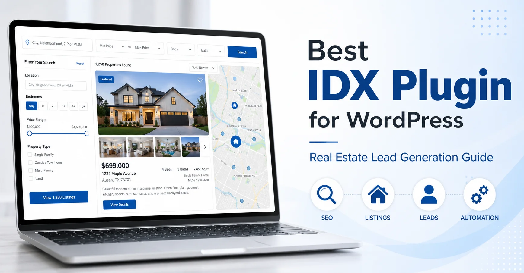 Professional laptop displaying real estate IDX plugin interface with property listings, search filters, and map integration for WordPress lead generation