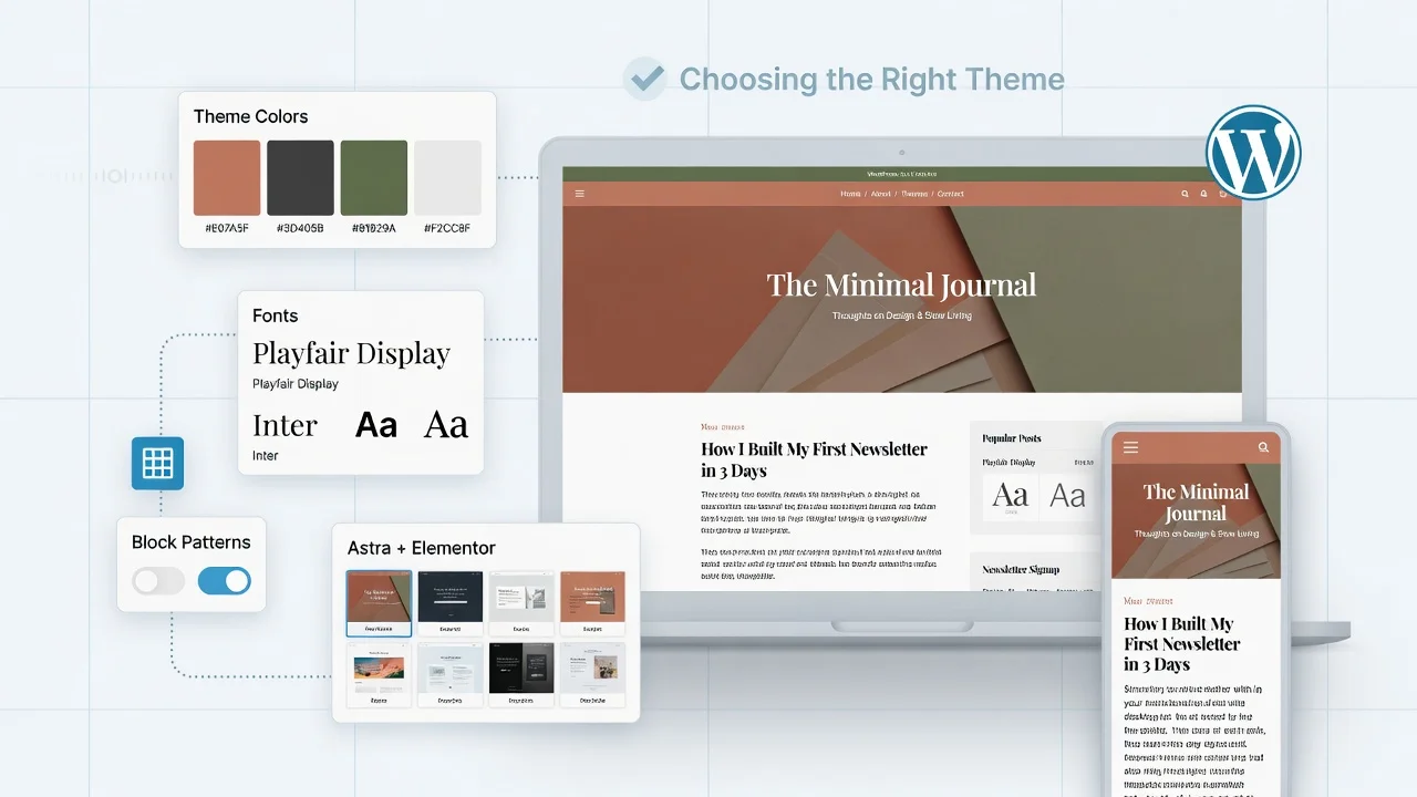 WordPress theme selection concept showing laptop with blog customization options including layouts, colors, and responsive design elements