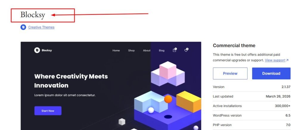 Blocksy WordPress theme showing ecommerce product page with countdown timer, low stock alert, and size guide feature.