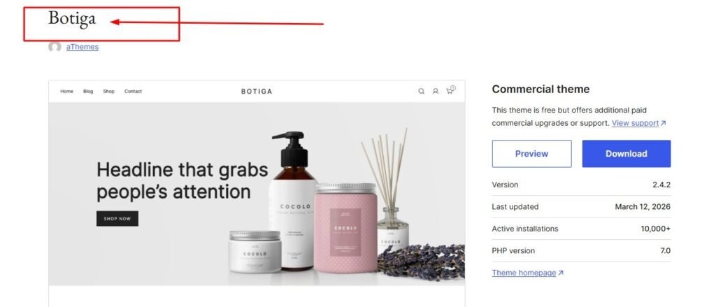 Botiga WordPress theme showing clean ecommerce store layout with simple product catalog and promotional header.