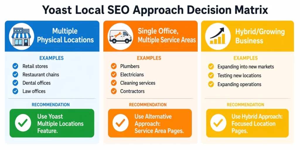 Decision matrix comparing three business types (multiple physical locations, single office service areas, hybrid businesses) with recommended SEO approach for each, helping business owners determine if Yoast multiple locations is right for them