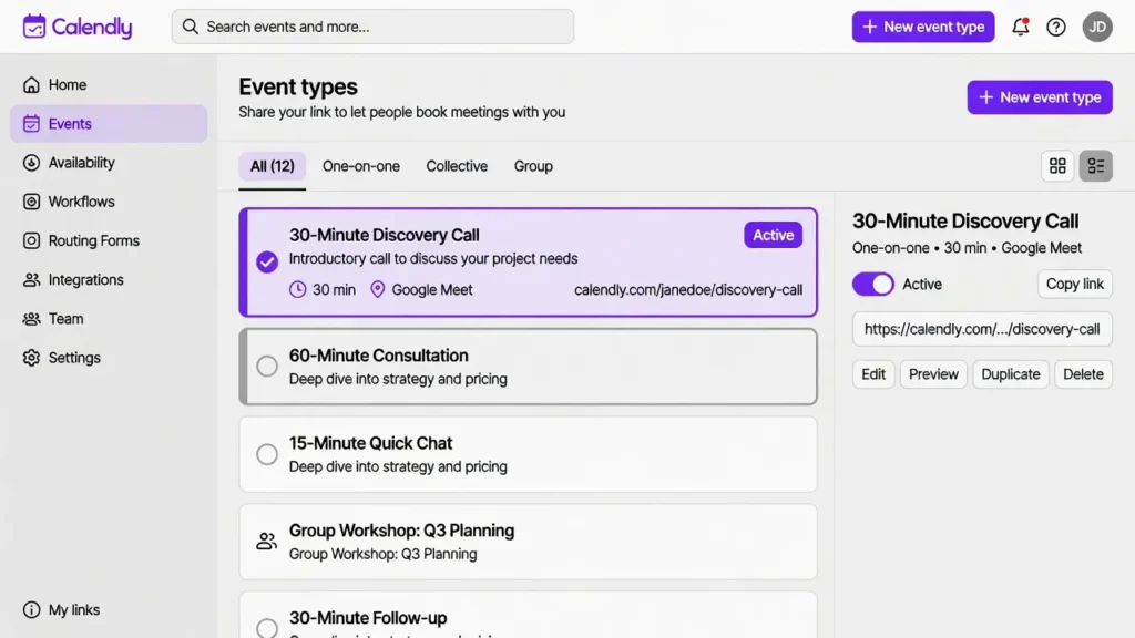 Screenshot of Calendly dashboard showing the Events section in the left sidebar with multiple event types listed for selection and configuration.