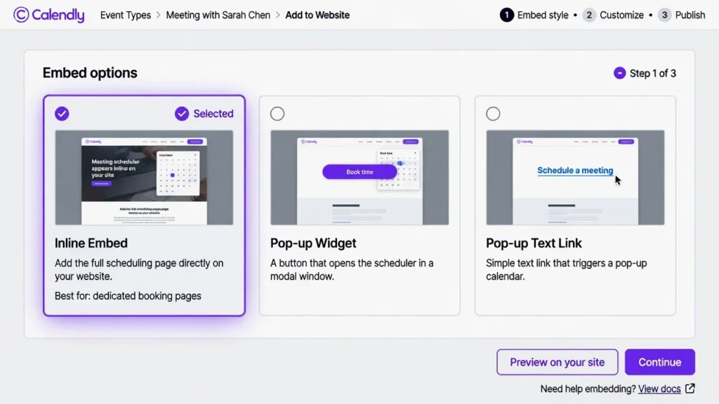 Screenshot showing Calendly's three embed style options: Inline Embed, Pop-up Widget, and Pop-up Text Link, with Inline Embed selected.
