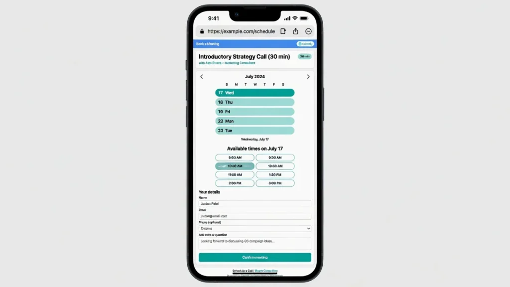 Screenshot showing a Calendly calendar embedded on WordPress properly displayed on a mobile phone with responsive design and tappable time slots.