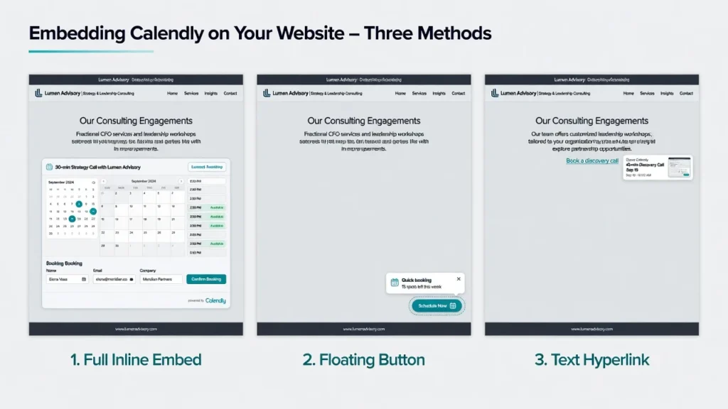 Comparison visual of three Calendly embedding methods: inline calendar display, popup widget with floating button, and popup text link, all shown on a professional website.